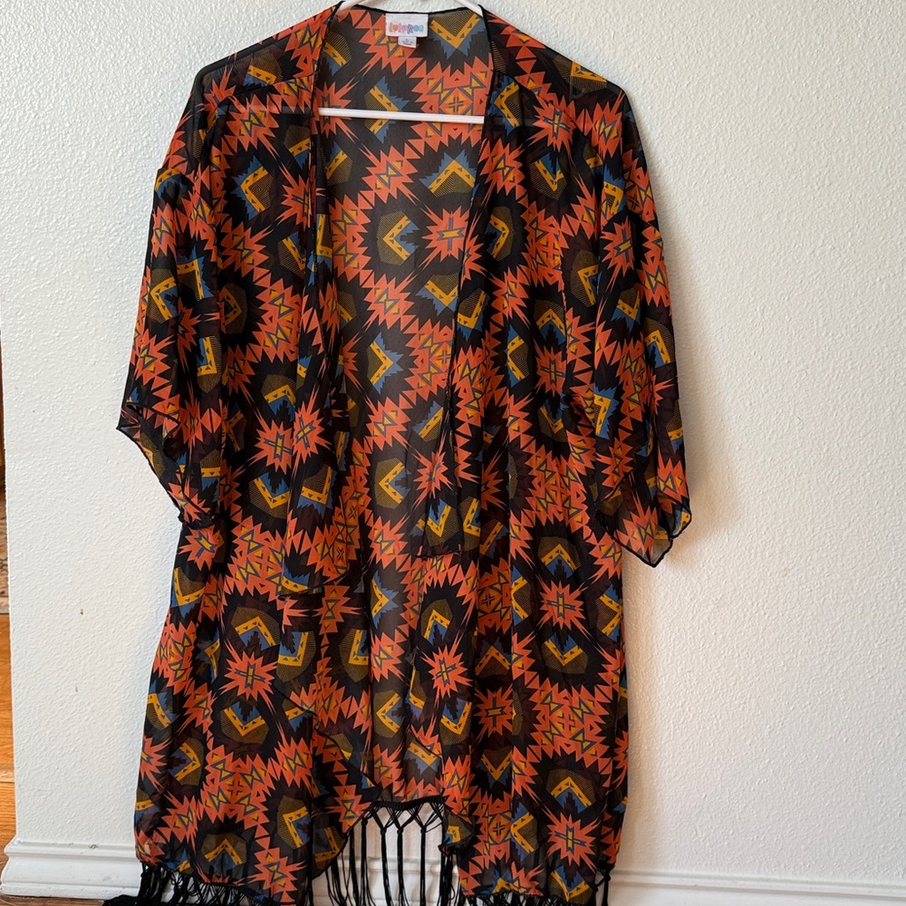 LuLaRoe Orange and Black Geometric Kimono